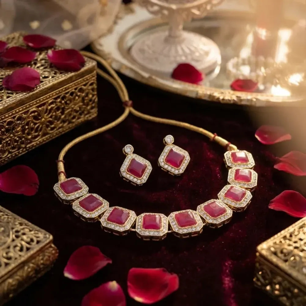 Pink cz necklace set - jeweller set