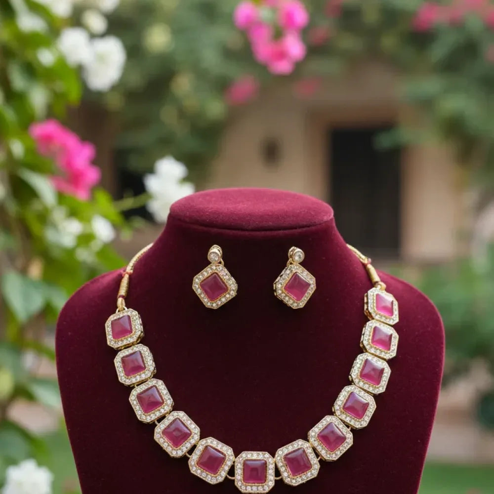 Pink cz necklace set - jeweller set