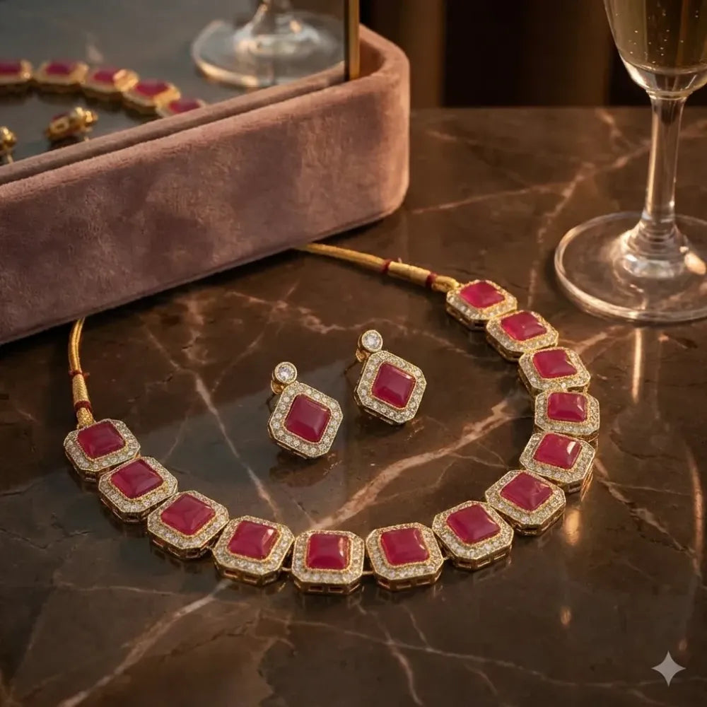 Pink cz necklace set - jeweller set