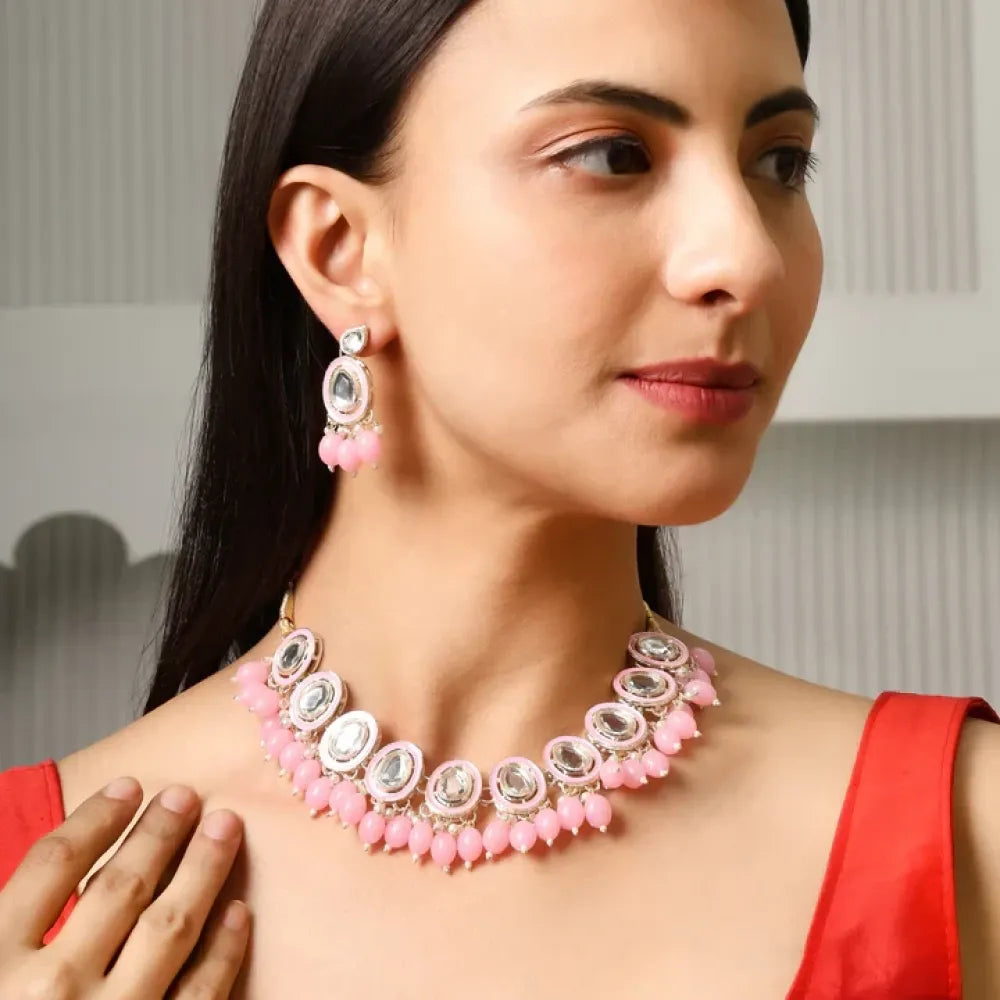 Pink meenakari kundan jewelry set - jeweller set