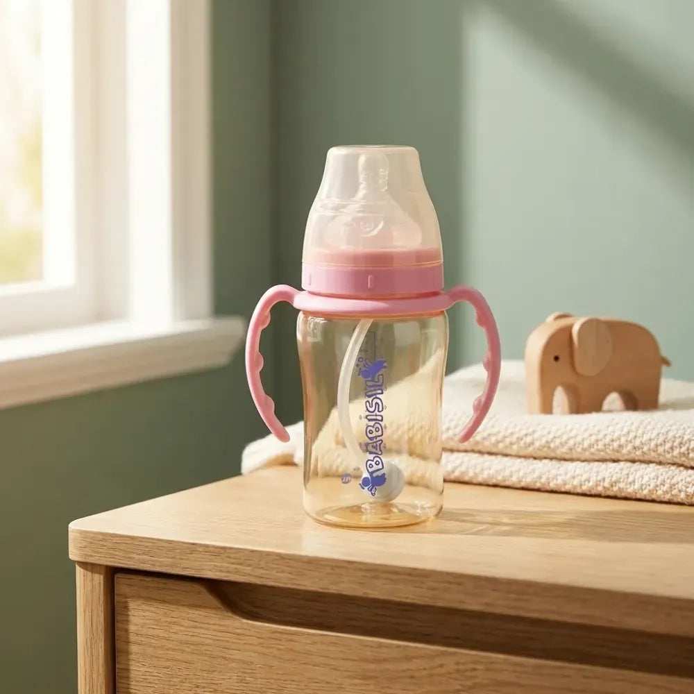 Plastic baby feeding bottle with handles straw (220 ml 1 pc) - care