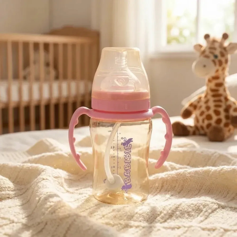 Plastic baby feeding bottle with handles straw (220 ml 1 pc) - care