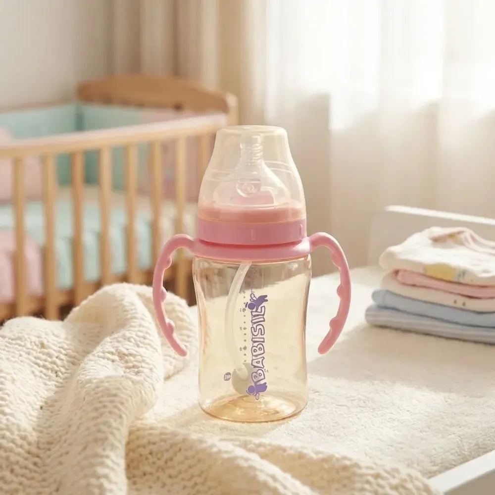 Plastic baby feeding bottle with handles straw (220 ml 1 pc) - care