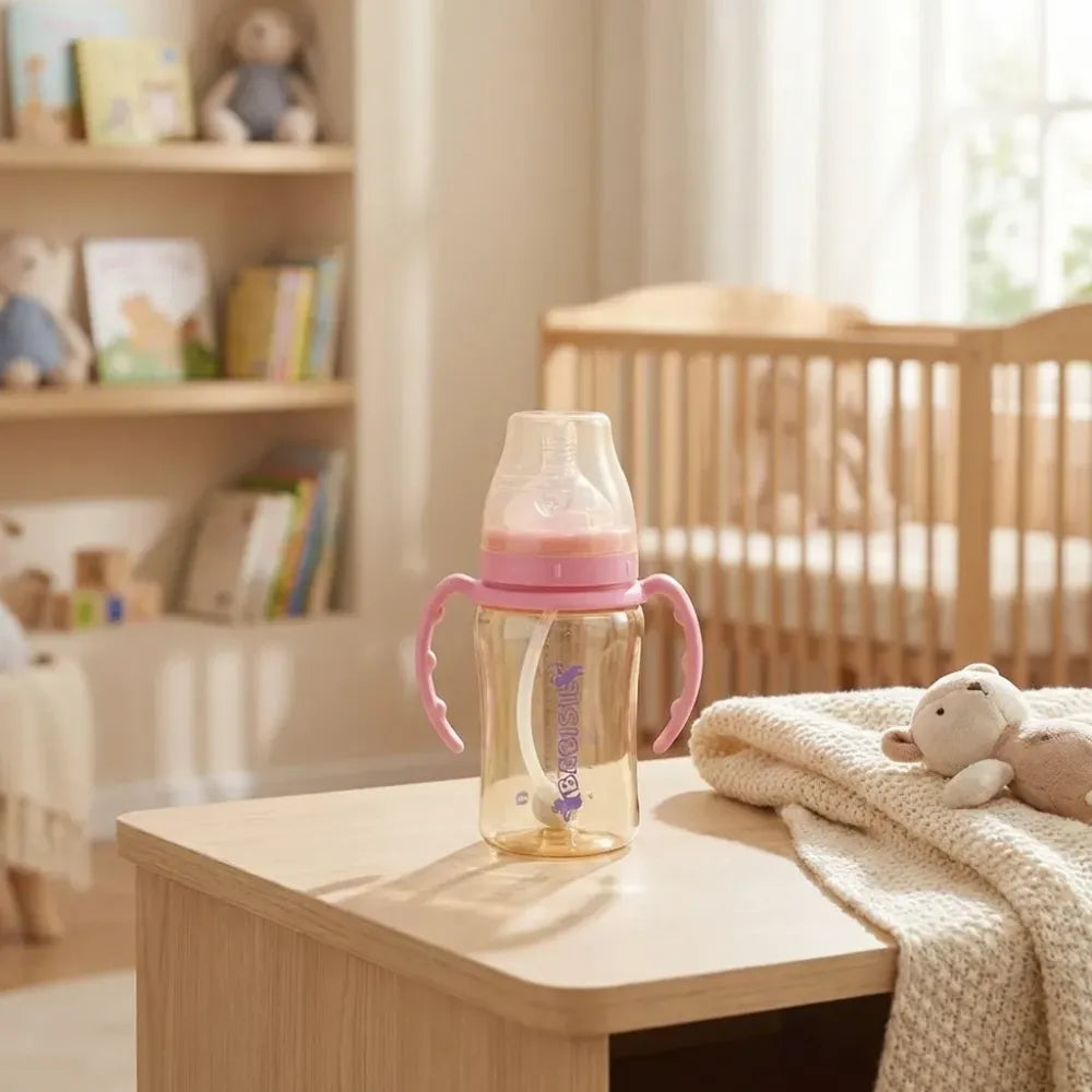 Plastic baby feeding bottle with handles straw (220 ml 1 pc) - care
