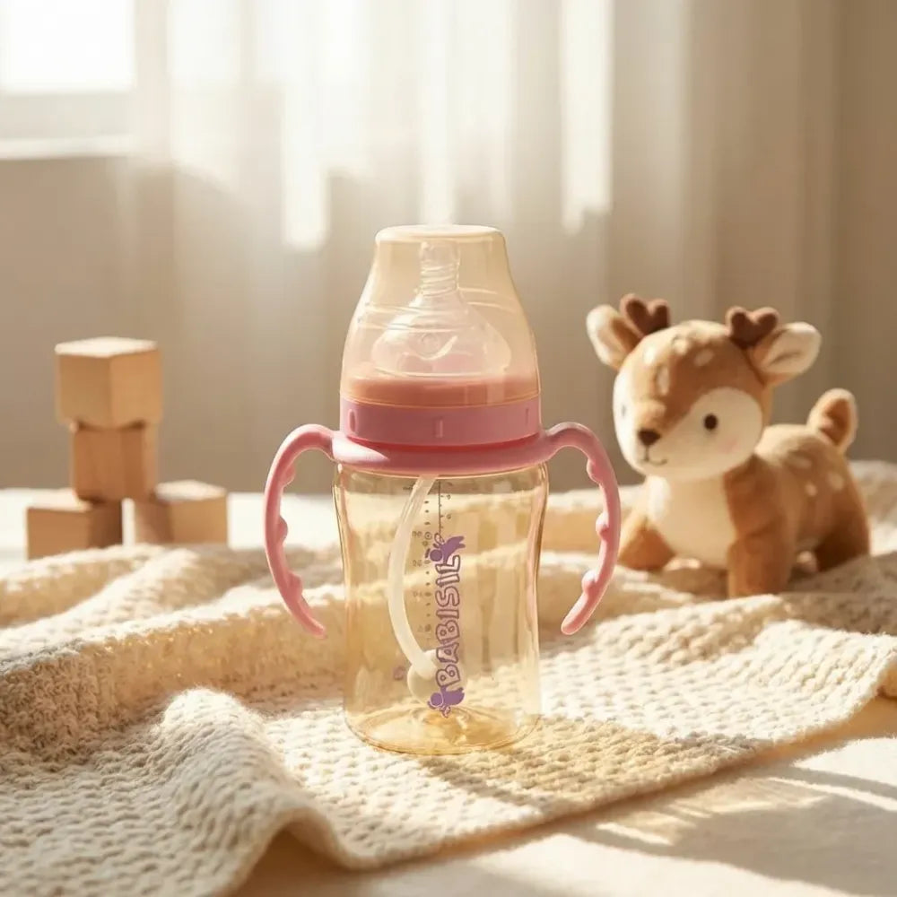 Plastic baby feeding bottle with handles straw (220 ml 1 pc) - care