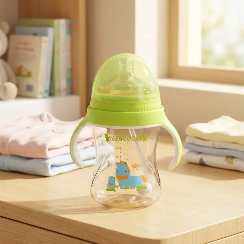 Plastic baby feeding bottle with handles straw (300 ml 1 pc) - care