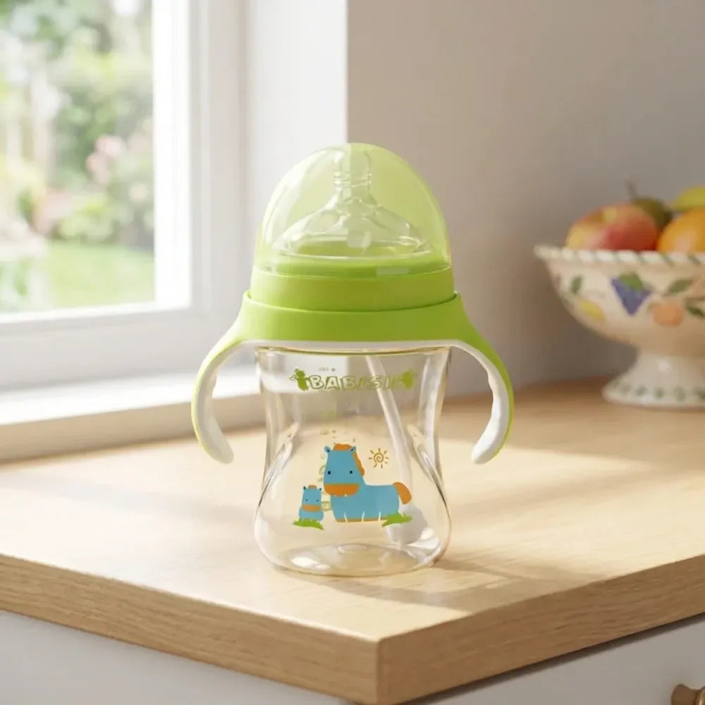 Plastic baby feeding bottle with handles straw (300 ml 1 pc) - care