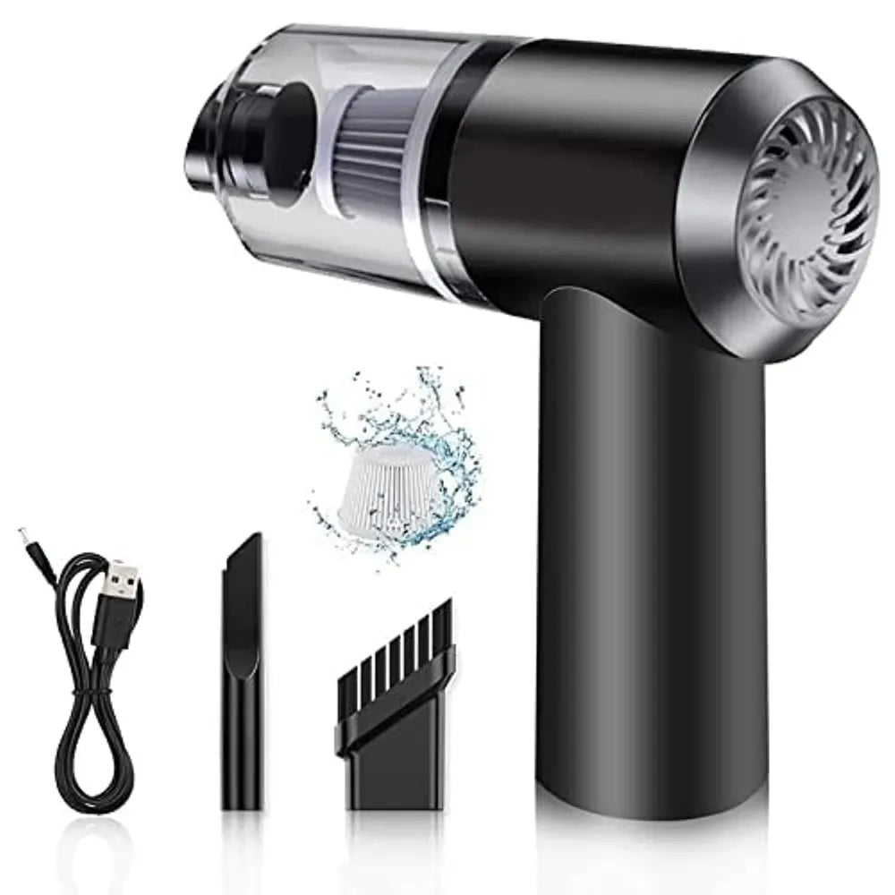 Black handheld vacuum cleaner with attachments.