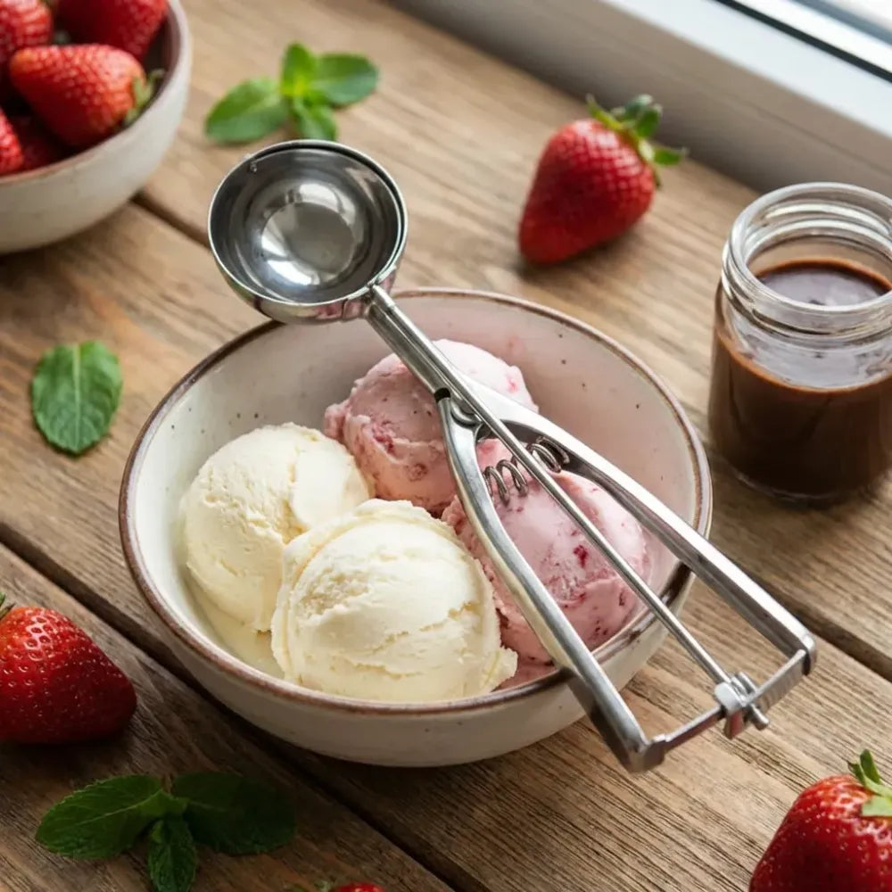 Premium stainless steel ice cream scoop with trigger release approx 70 ml capacity - home & kitchen