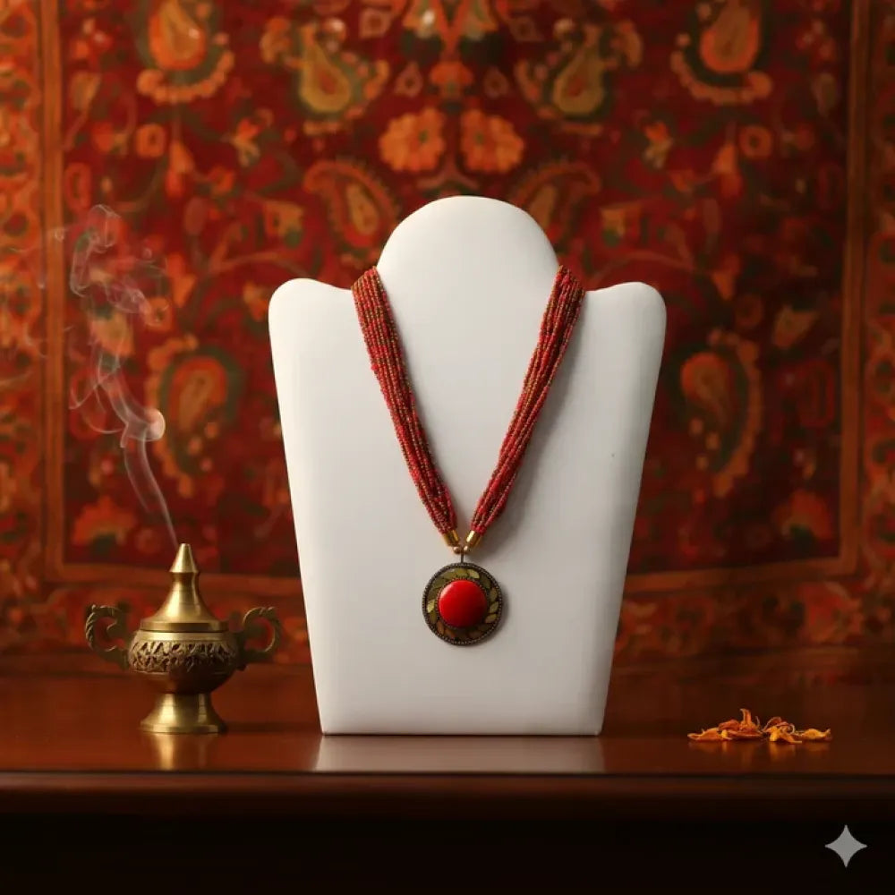 Red & gold oxidised beaded necklace - jeweller set