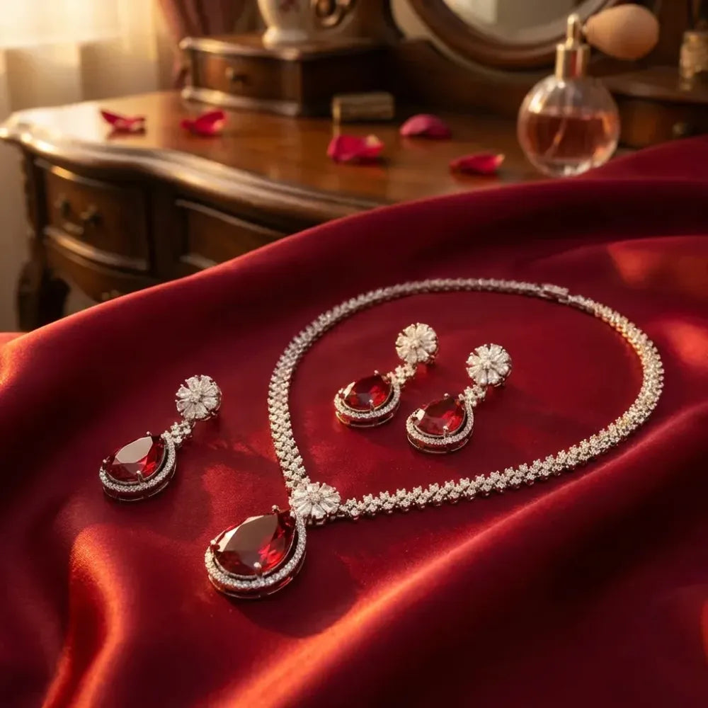 Red stone ad necklace set – 3 pcs