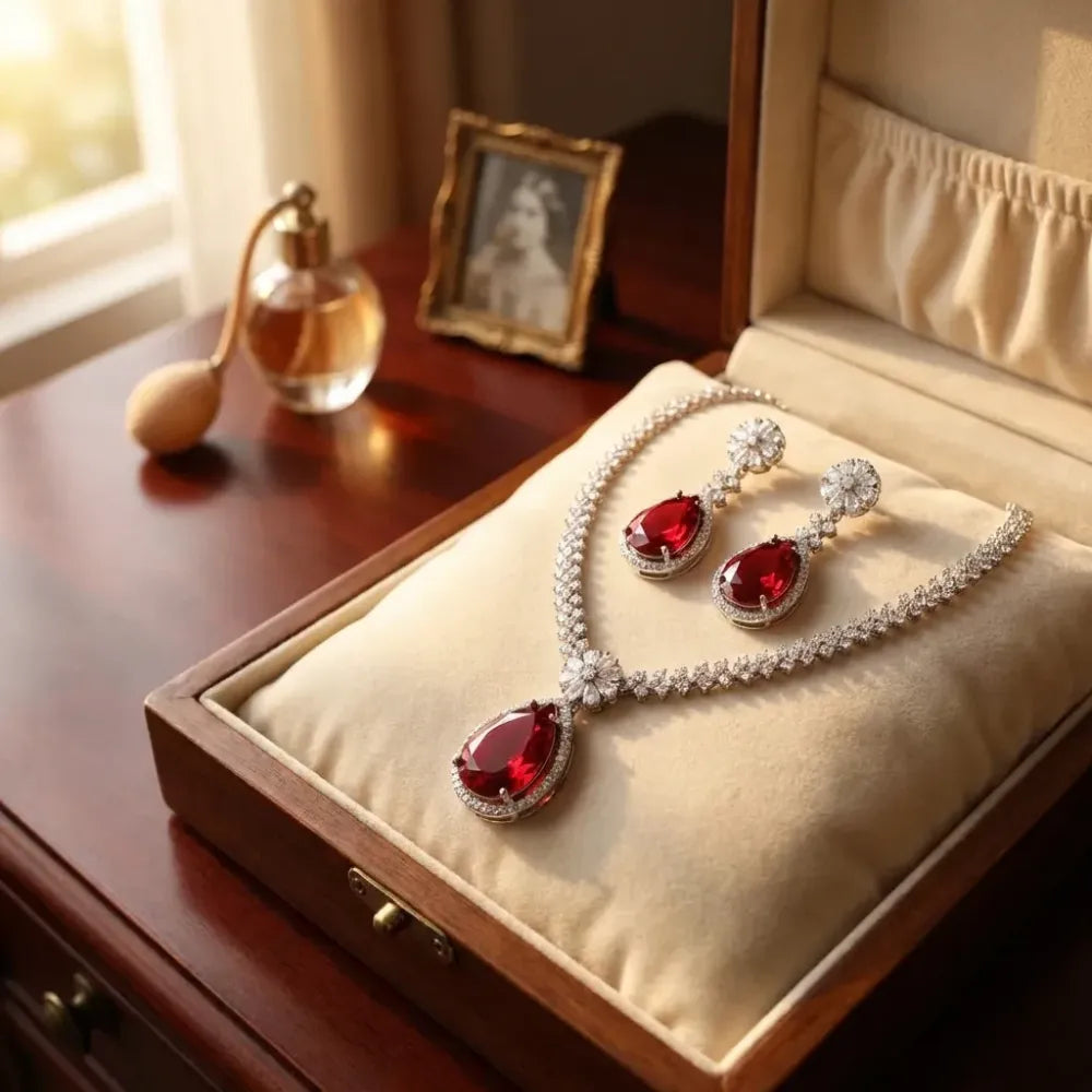 Red stone ad necklace set – 3 pcs