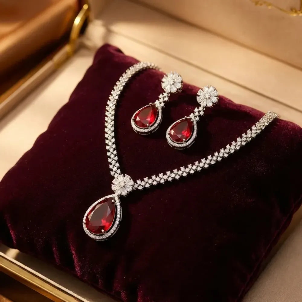 Red stone ad necklace set – 3 pcs