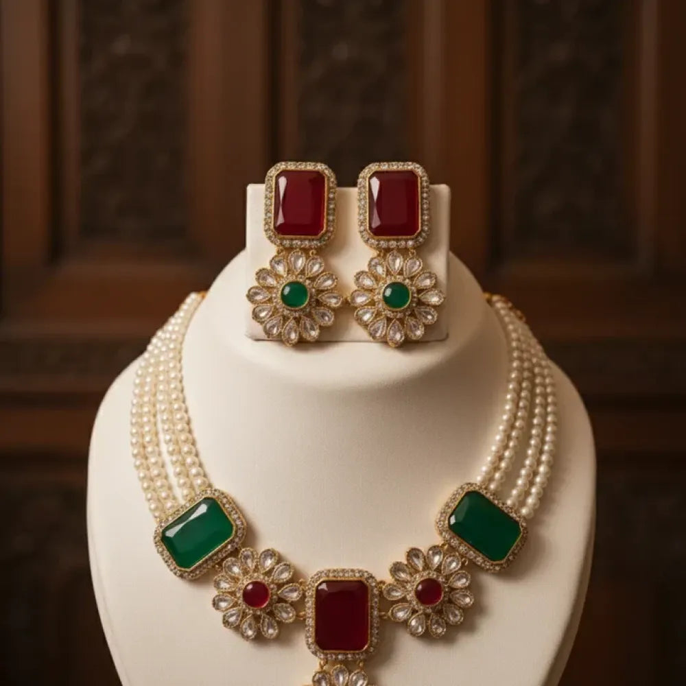 Royal kundan necklace set – red & green stones - jeweller set
