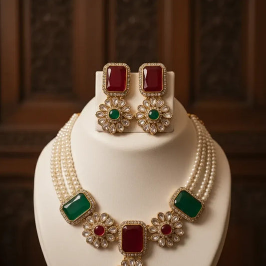 Royal kundan necklace set – red & green stones - jeweller set