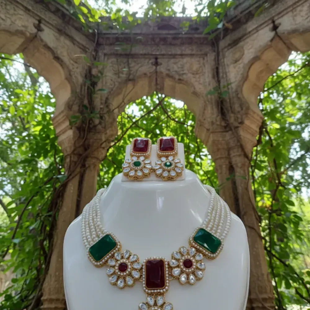 Royal kundan necklace set – red & green stones - jeweller set