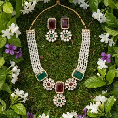 Royal kundan necklace set – red & green stones - jeweller set