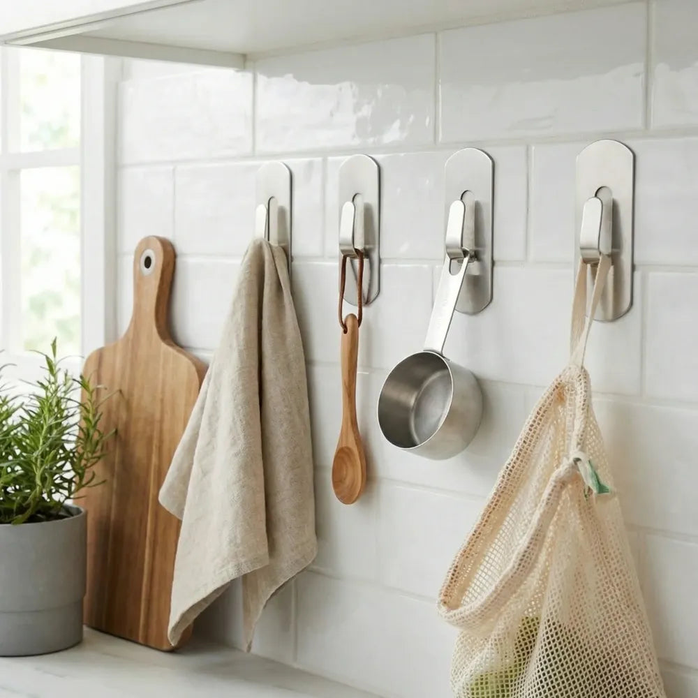Self- adhesive hooks heavy duty wall hangers stainless steel waterproof sticky for hanging robe coat towel kitchen