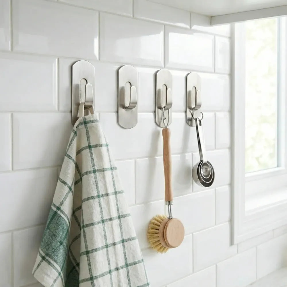 Self- adhesive hooks heavy duty wall hangers stainless steel waterproof sticky for hanging robe coat towel kitchen