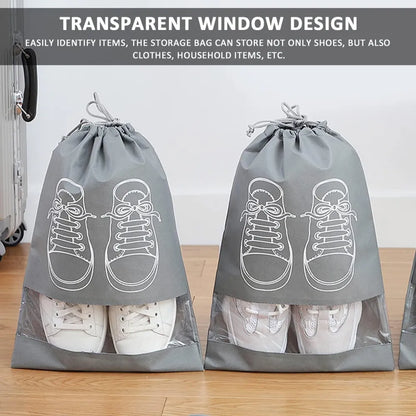 Gray shoe storage bags with transparent windows.
