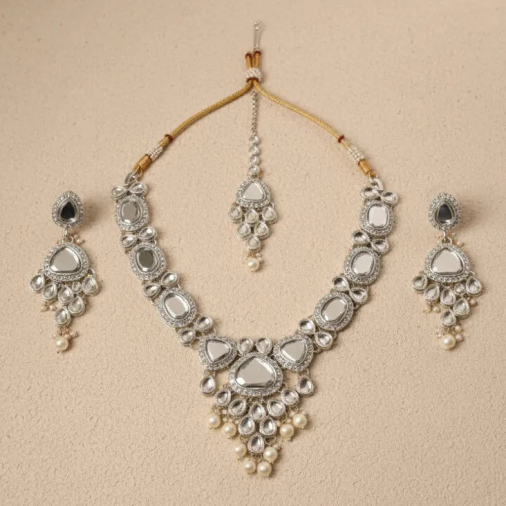 Silver kundan & pearl necklace set - jeweller set