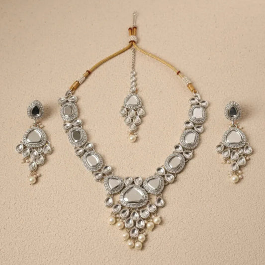 Silver kundan & pearl necklace set - jeweller set