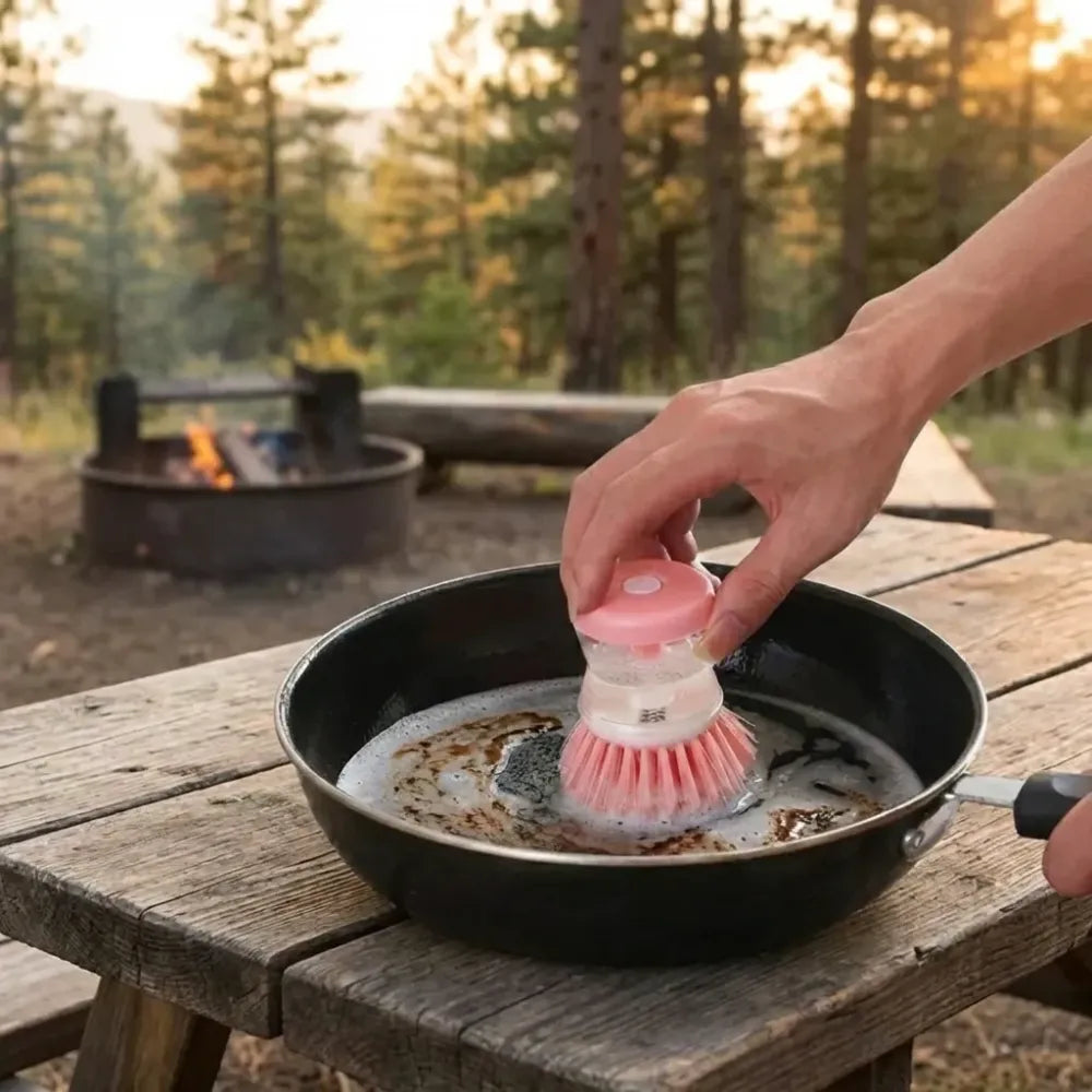 Soap-dispensing scrub brush - kitchen tool