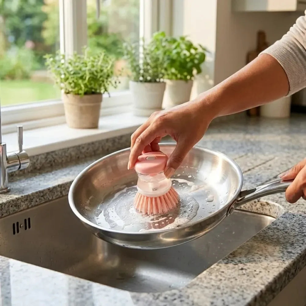 Soap-dispensing scrub brush - kitchen tool