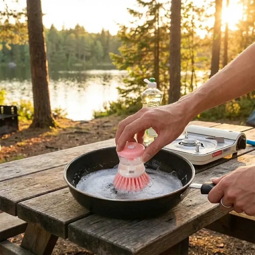 Soap-dispensing scrub brush - kitchen tool