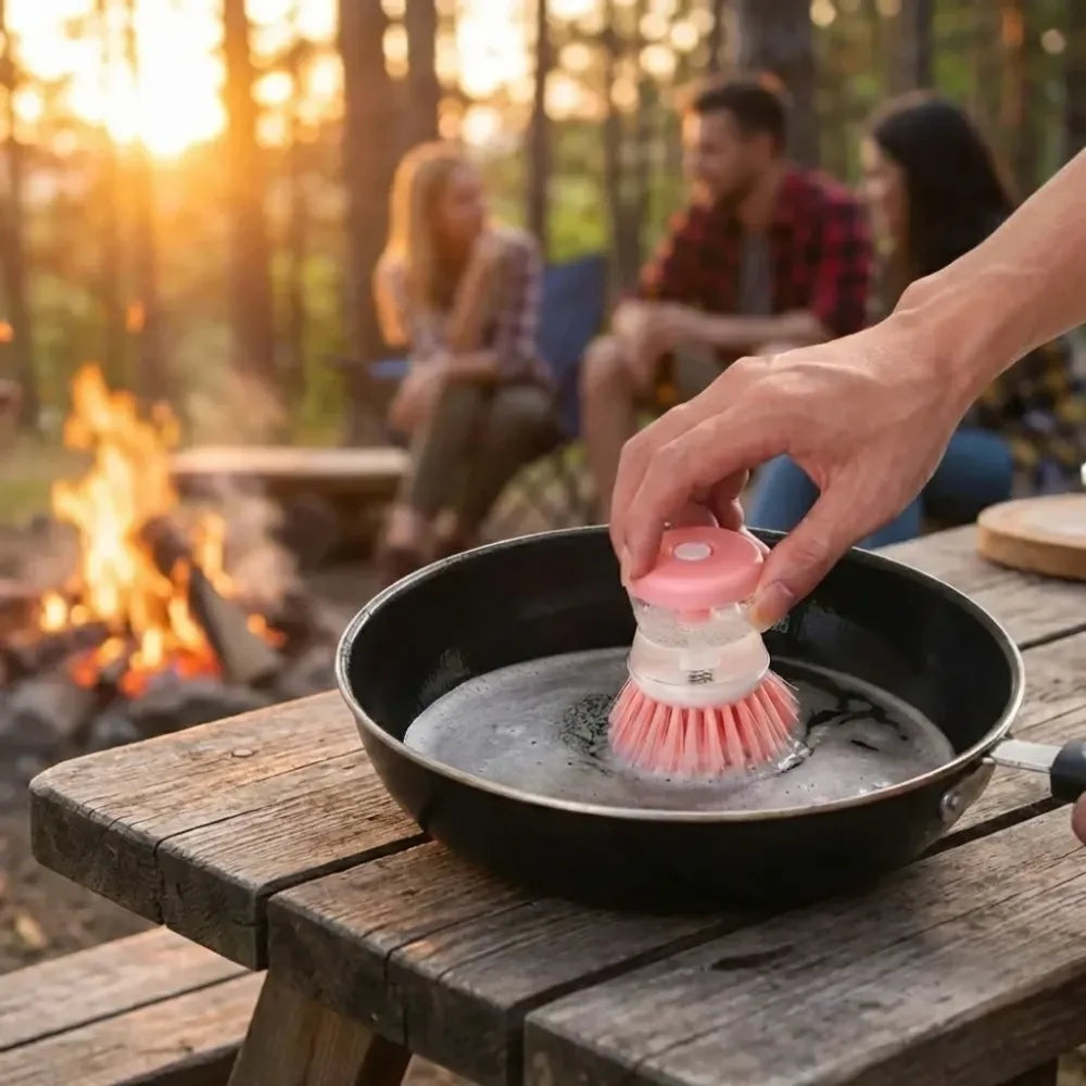 Soap-dispensing scrub brush - kitchen tool