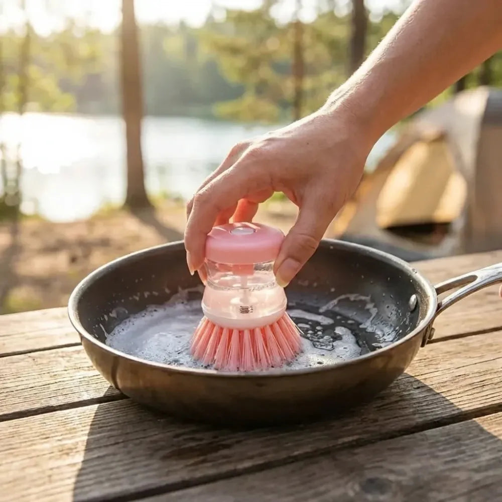Soap-dispensing scrub brush - kitchen tool