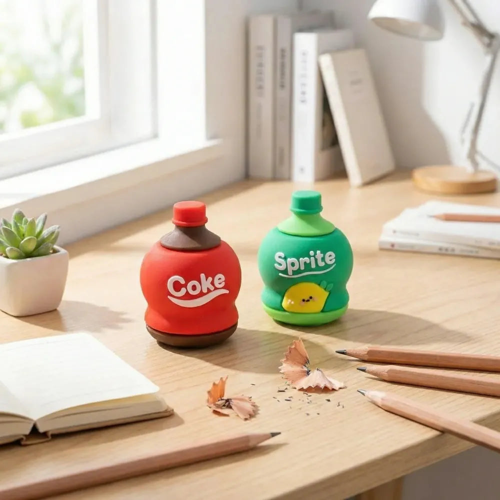 Soda bottle sharpener-eraser set - office