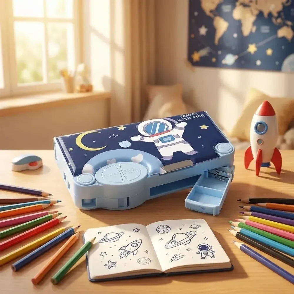 Space-themed magnetic pencil box - home decor