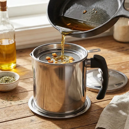 Stainless steel kitchen oil filter with lid - home essentials