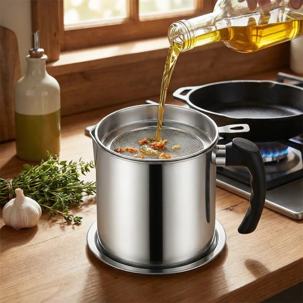 Stainless steel kitchen oil filter with lid - home essentials