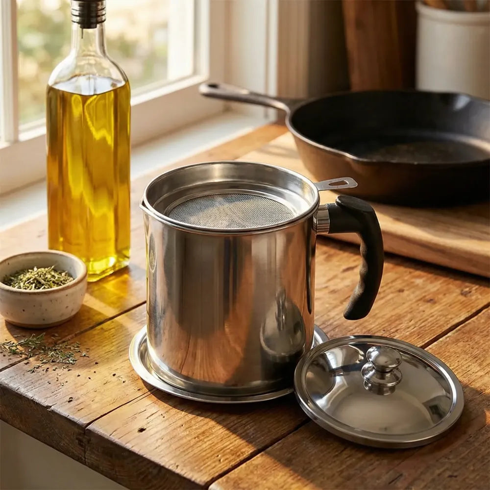 Stainless steel kitchen oil filter with lid - home essentials