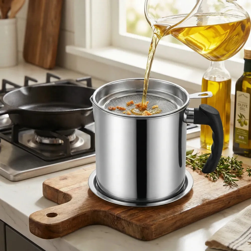 Stainless steel kitchen oil filter with lid - home essentials