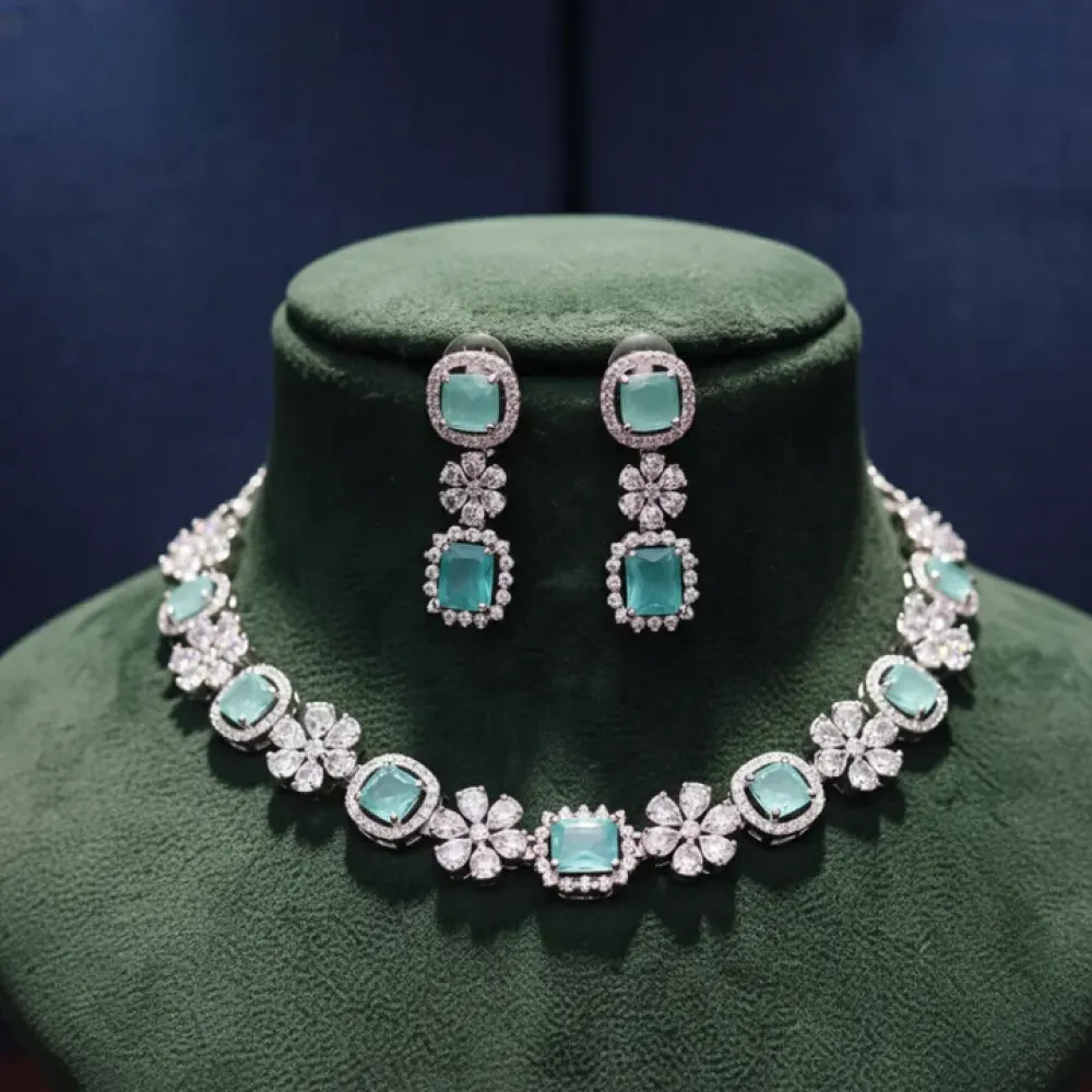 Teal american diamond necklace set - jeweller set