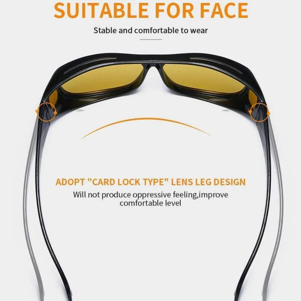 Yellow-tinted wraparound sunglasses.