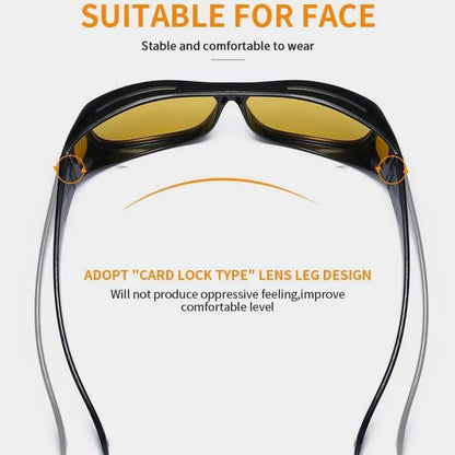 Yellow-tinted wraparound sunglasses.