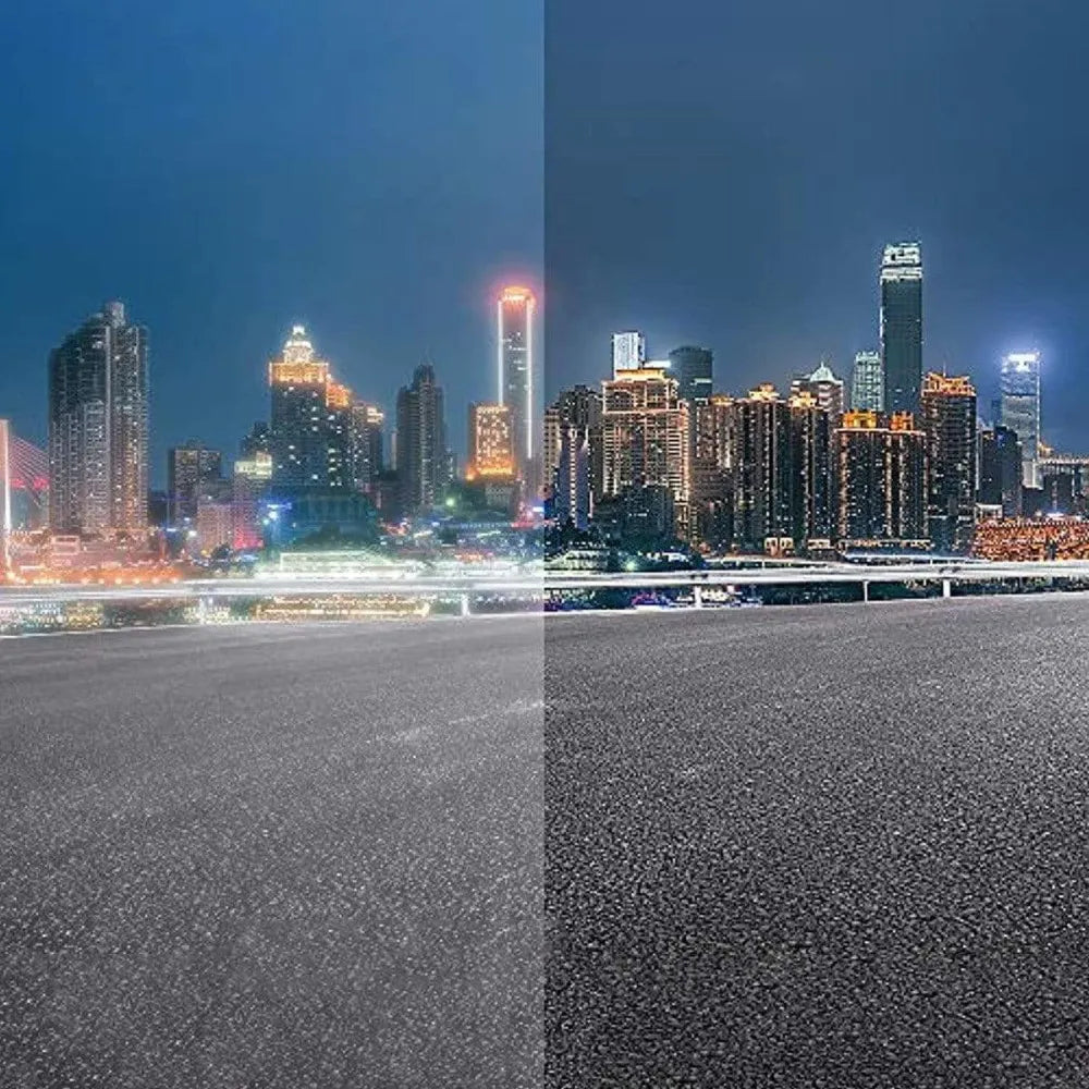 Illuminated cityscape at night.