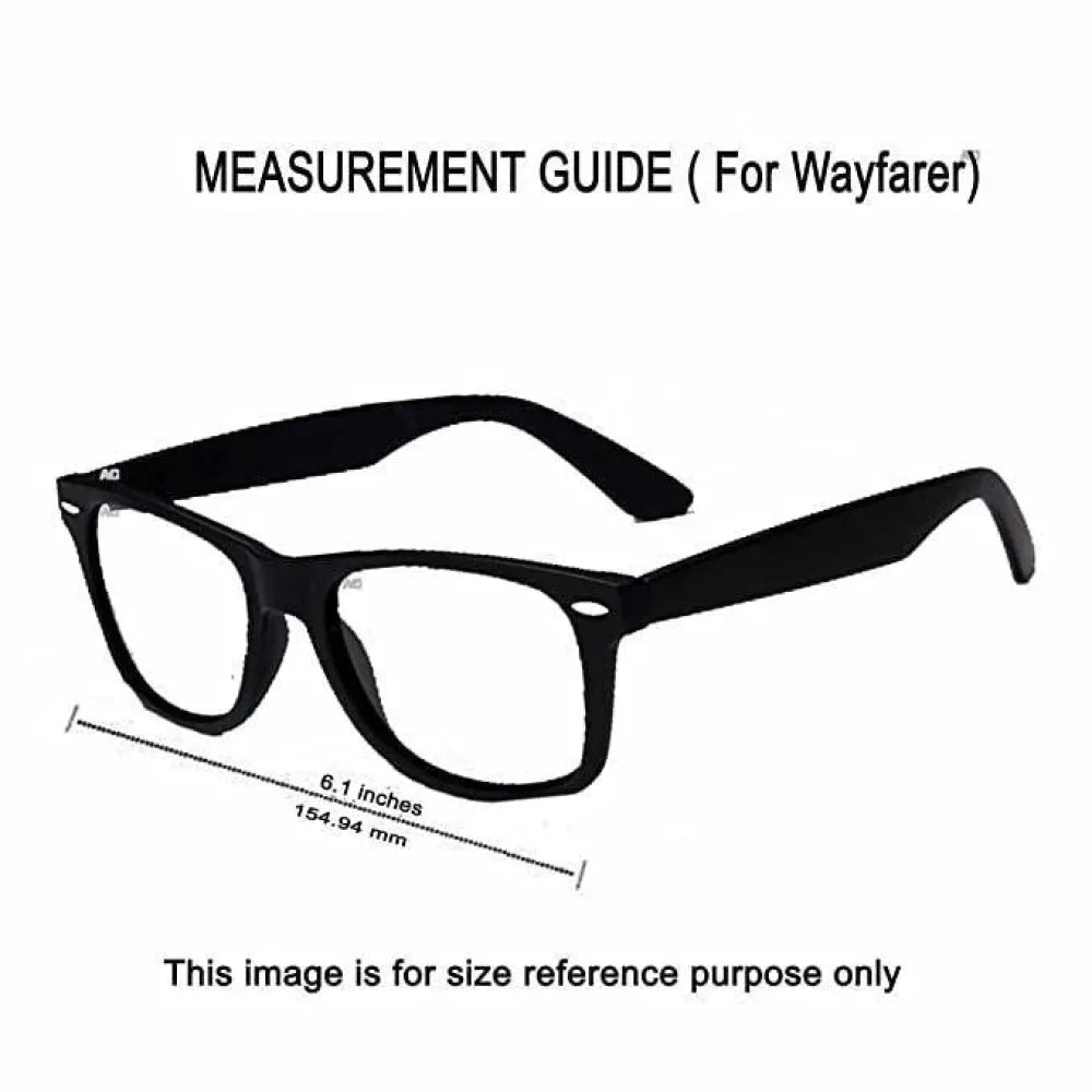 Black wayfarer glasses with measurement guide.