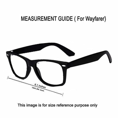 Black wayfarer glasses with measurement guide.