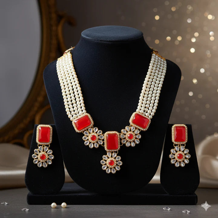Coral red kundan necklace set