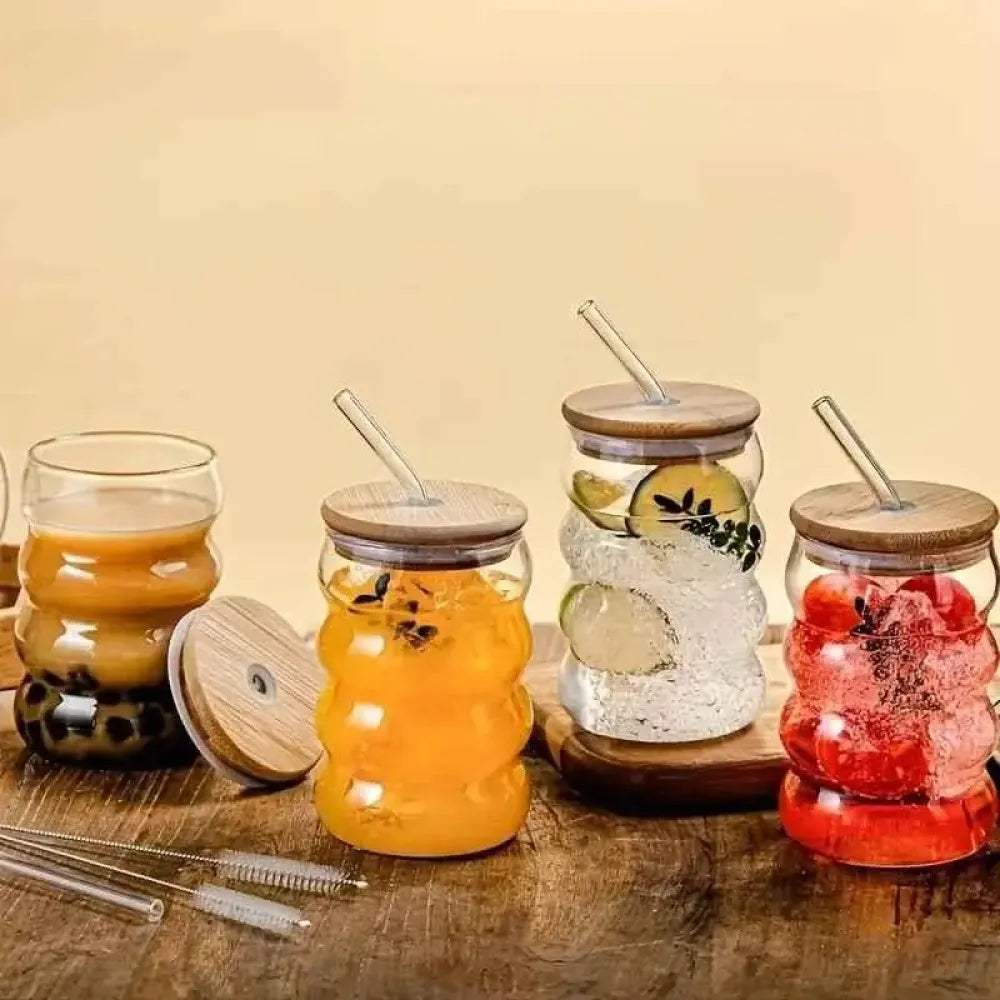Wave shape glass bottle with wooden cap