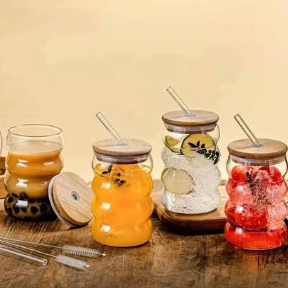 Wave shape glass bottle with wooden cap