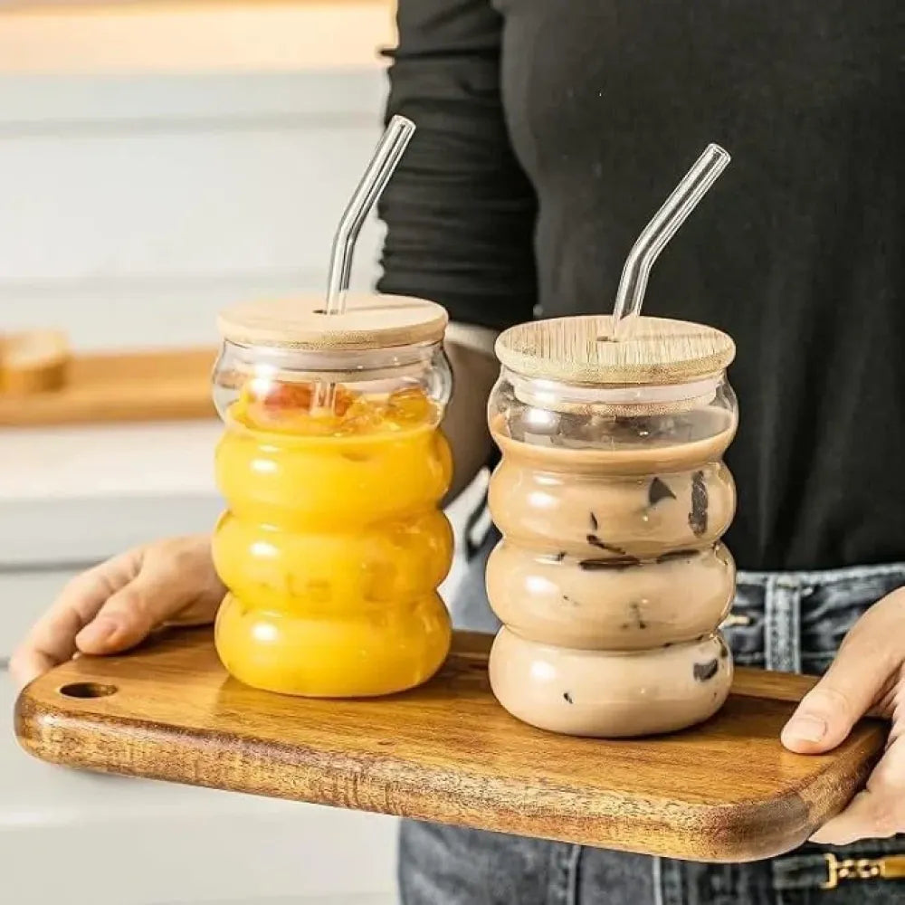 Wave shape glass bottle with wooden cap