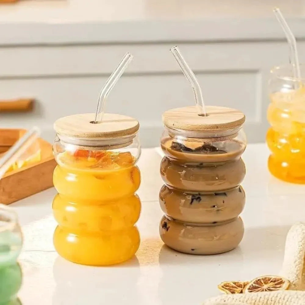Wave shape glass bottle with wooden cap