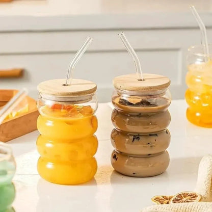Wave shape glass bottle with wooden cap