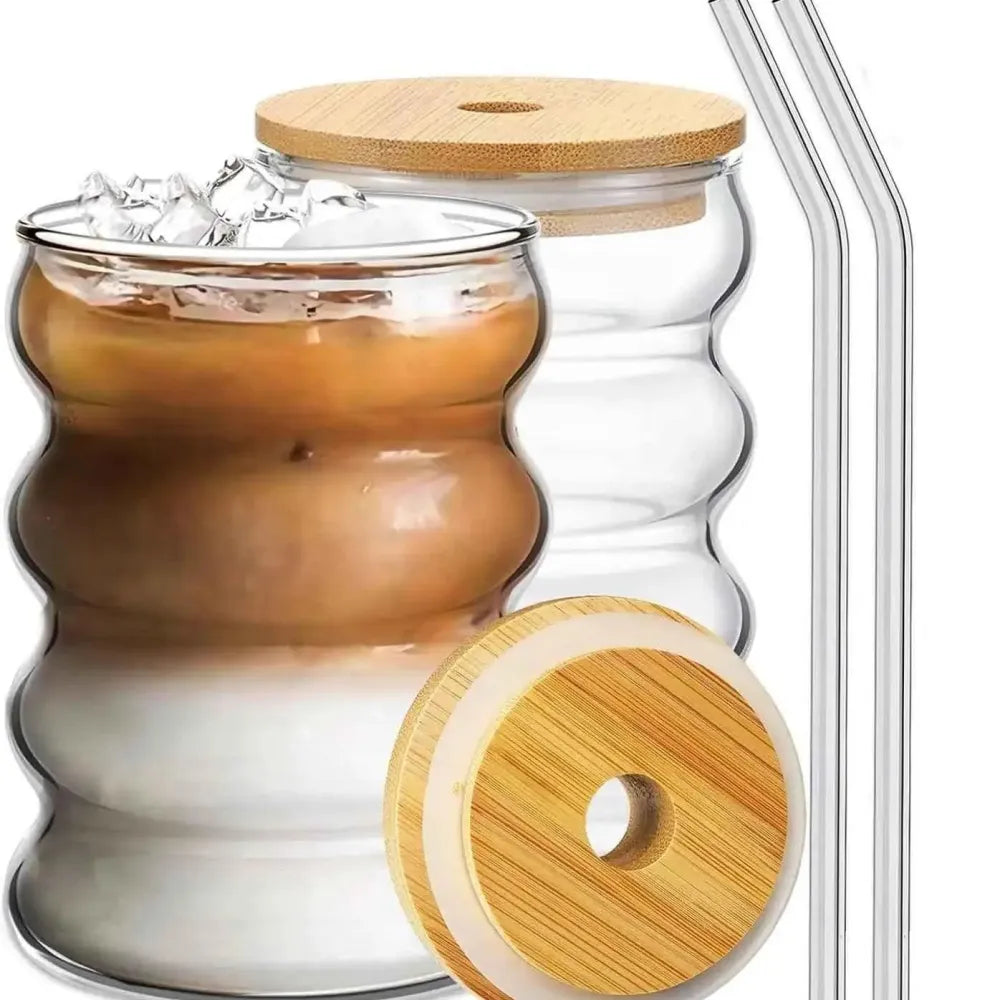Wave shape glass bottle with wooden cap